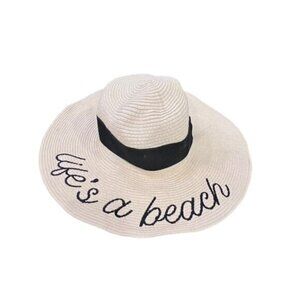 Life's A Beach Ivory‎ Black Wide Brim Sun Hat Pool Vacation Travel Cruise Party